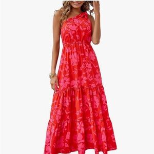 Women's One-Shoulder Red Floral Maxi Dress